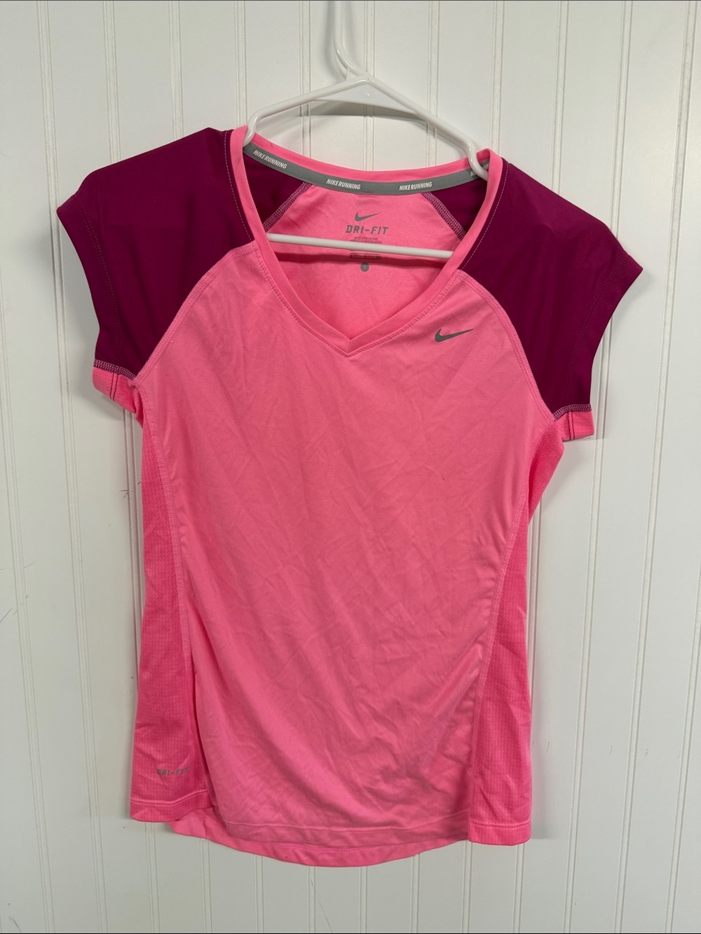 Nike Pink and Magenta Dri-FIT V-Neck Short Sleeve Top